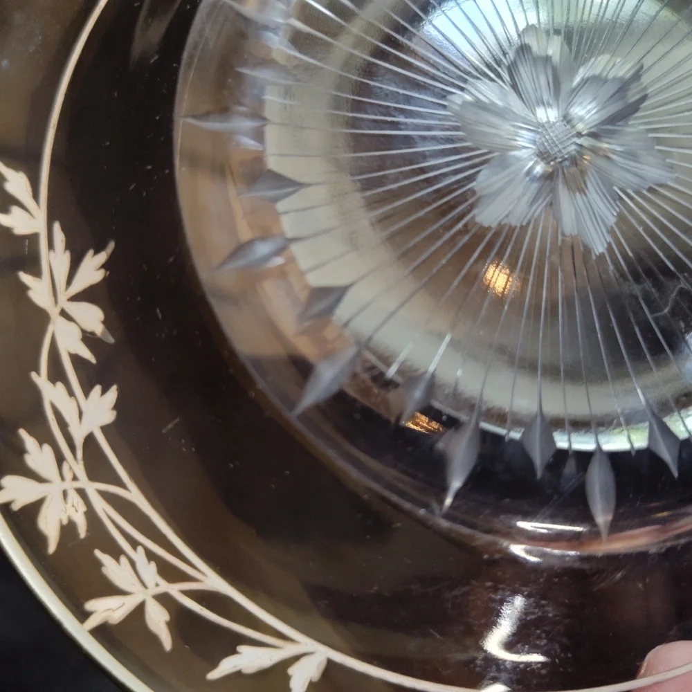 Antique Etched Crystal Plate With Sterling Silver Inlay